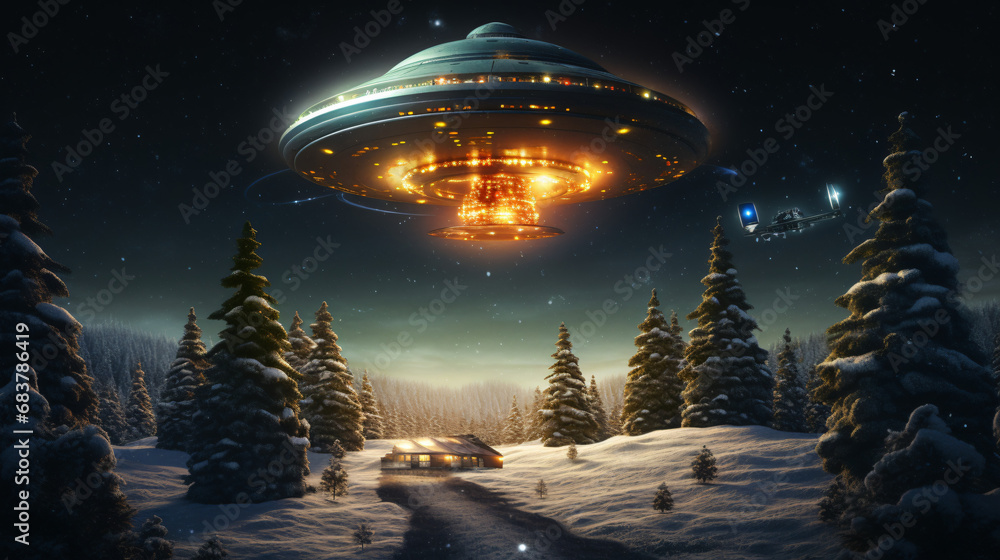 Spaceship and udo with a Christmas tree - obrazy, fototapety, plakaty 