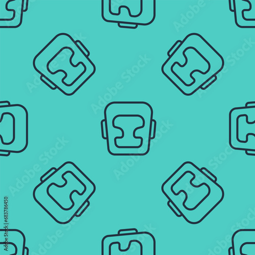 Black line Boxing helmet icon isolated seamless pattern on green background. Vector