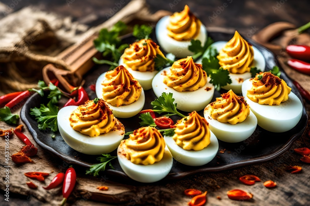 Deviled eggs garnished with paprika. Deviled eggs garnished with paprika.