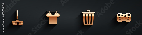 Set Handle broom, Drying clothes, Trash can and Sponge icon with long shadow. Vector