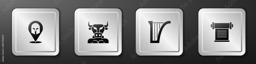 Set Greek helmet, Minotaur, Harp and Decree, parchment, scroll icon. Silver square button. Vector Set Greek helmet, Minotaur, Harp and Decree, parchment, scroll icon. Silver square button. Vector