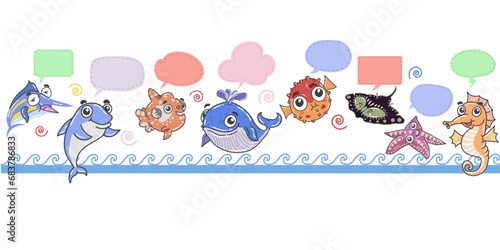 Cute and happy kinds of fish cartoon with speech bubble vector isolated 