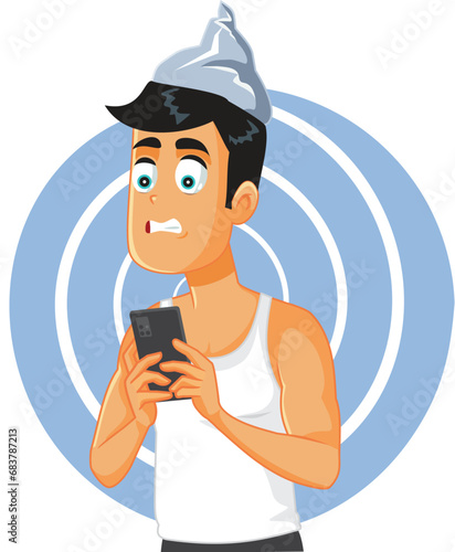 Young Man Spiraling into Conspiracy Theory Vector Cartoon Illustration. Guy reading fake news online believing in conspiracies 
