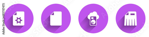 Set Document settings, File document, Cloud database and Paper shredder icon with long shadow. Vector