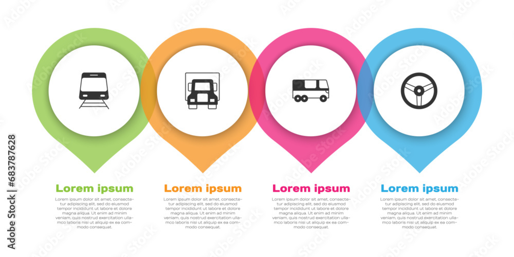 Set Train and railway, Delivery cargo truck, Bus and Steering wheel. Business infographic template. Vector