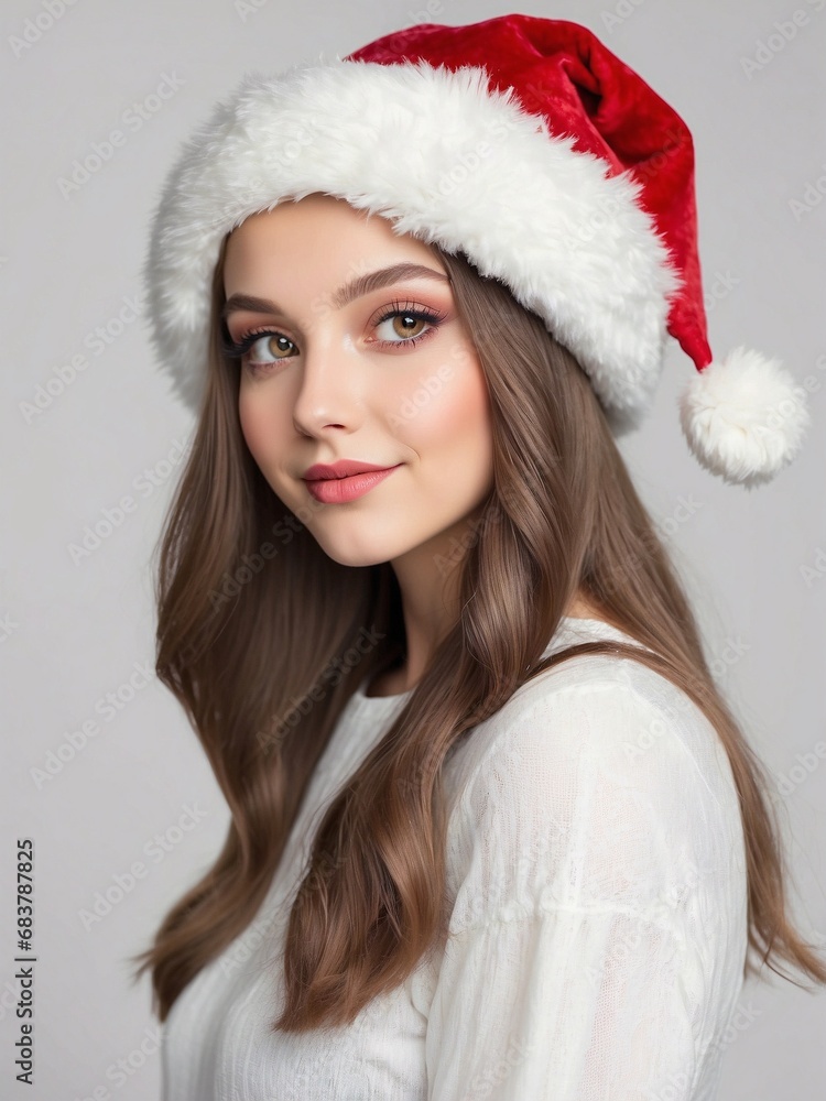 Portrait of beautiful white girl wearing christmas hat, simple background. Generative AI