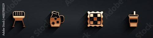 Set Barbecue grill, Jug glass with water, Checkered napkin and Paper icon with long shadow. Vector