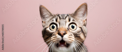 A Delightfully Surprised Cat Captured Against a Vibrant Pink Background, Eliciting a Playful Expression of Feline Amazement and Curiosity in a Moment of Whimsical Charm