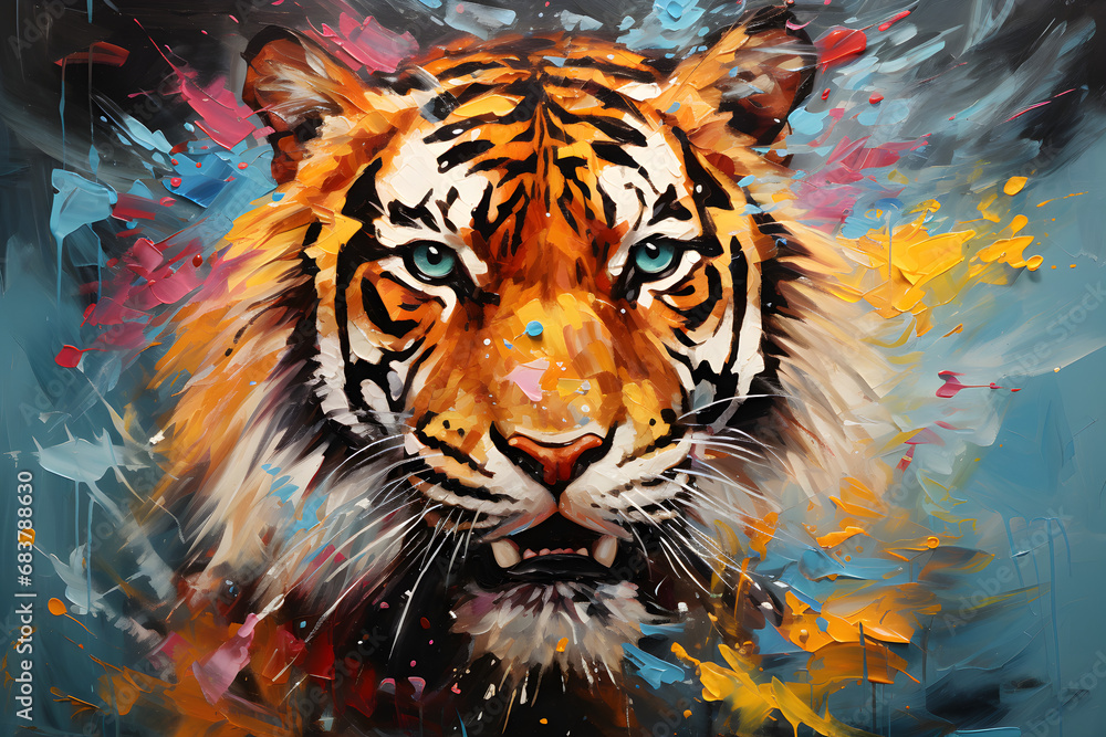 abstract painting of a tiger head portrait, abstract painting of a tiger head portrait,