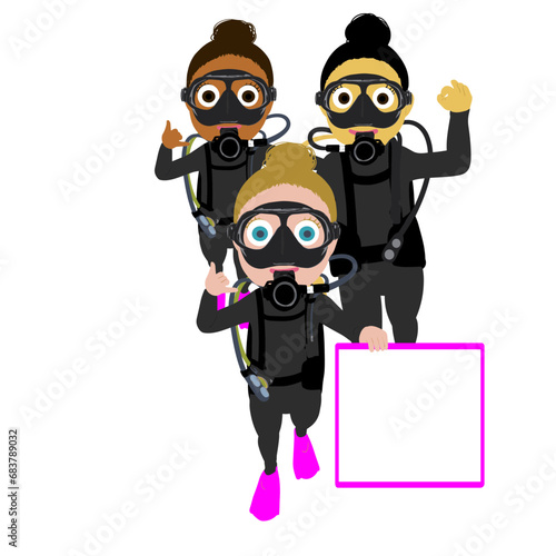 Group of girl scuba divers with message board