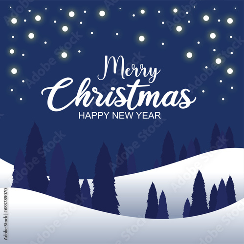 Christmas landscape vector illustration with christmas tree, snow and twinkling bulbs with blue background