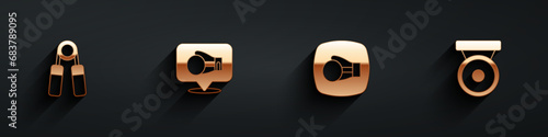 Set Sport expander, Boxing glove, and gong icon with long shadow. Vector