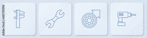 Set line Calliper or caliper and scale, Gear arrows as workflow process, Wrench spanner and Electric drill machine. White square button. Vector