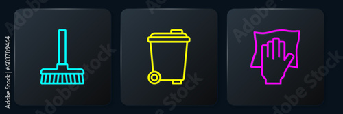Set line Handle broom, Cleaning service and Trash can. Black square button. Vector