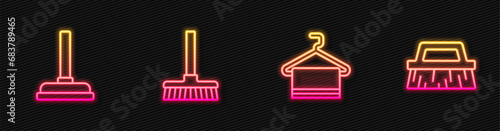 Set line Towel on hanger, Rubber plunger, Handle broom and Brush for cleaning. Glowing neon icon. Vector
