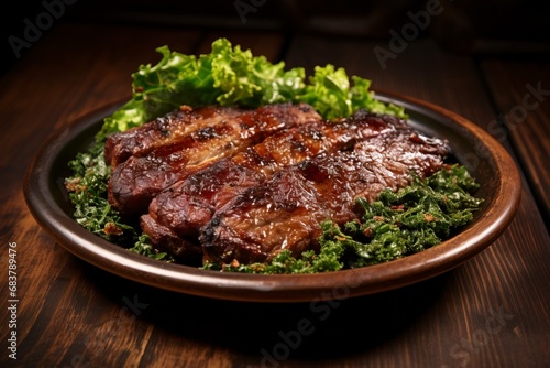 Fried meat with greens inside dark plate on the brown wooden desk meal food dinner, copy space, generative ai