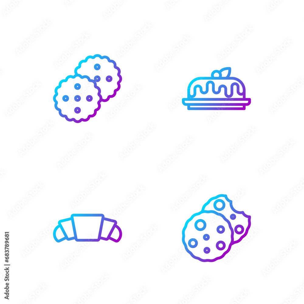 Set line Cookie or biscuit, Croissant, and Cake. Gradient color icons. Vector Set line Cookie or biscuit, Croissant, and Cake. Gradient color icons. Vector