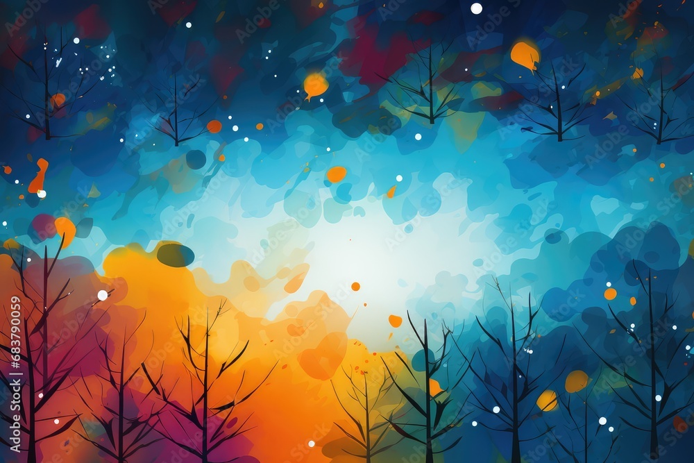 Abstract watercolor background with fire in forest and sky. Abstract background for Burns Night - obrazy, fototapety, plakaty 