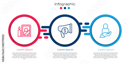 Set line Mourning photo frame, Megaphone and dollar and Life insurance hand. Business infographic template. Vector