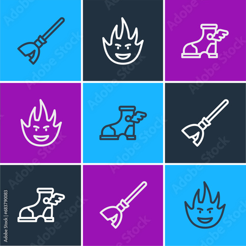 Set line Witches broom, Hermes sandal and Fire flame icon. Vector