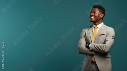 African American businessman with suit looking up, thinking something, studio photo photo