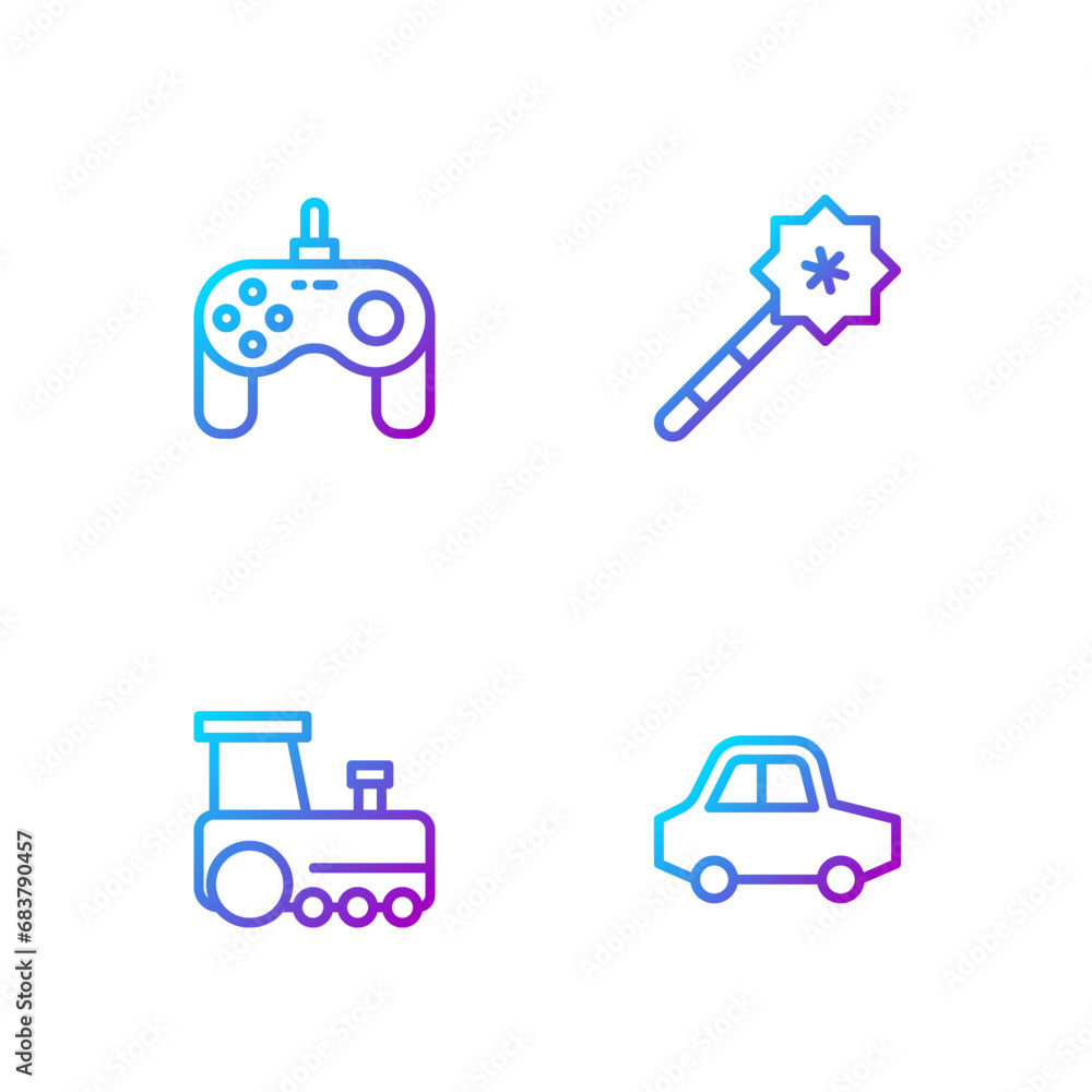 Set line Toy car, train, Gamepad and Magic wand. Gradient color icons. Vector Set line Toy car, train, Gamepad and Magic wand. Gradient color icons. Vector