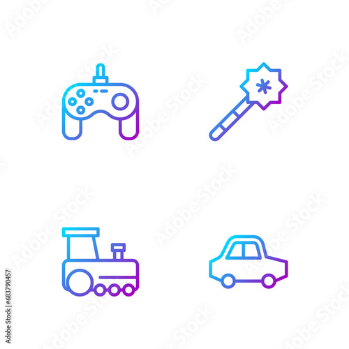 Set line Toy car, train, Gamepad and Magic wand. Gradient color icons. Vector