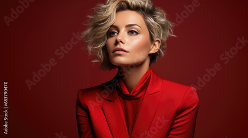 Vogue business woman with suit looking up, thinking something, studio photo