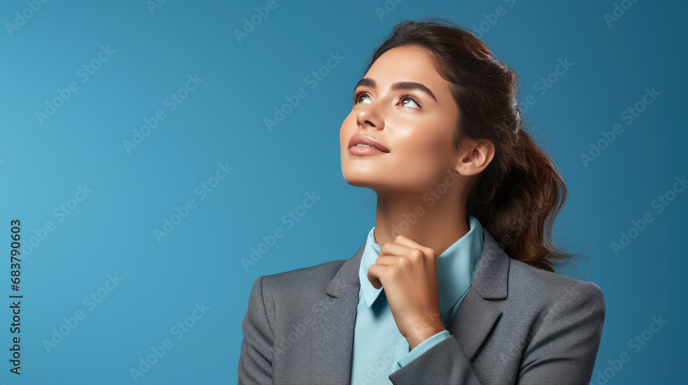Vogue business woman with suit looking up, thinking something, studio photo Vogue business woman with suit looking up, thinking something, studio photo