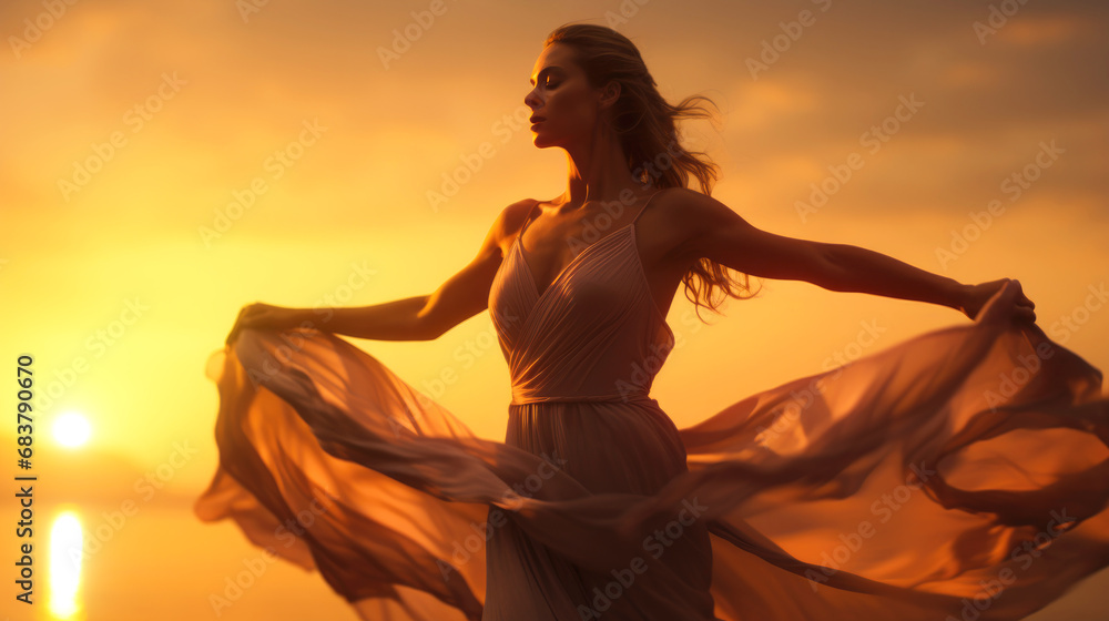 beauty attractive woman with dress on the beach at sunset beauty attractive woman with dress on the beach at sunset