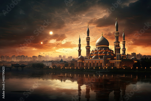 beautiful large mosque in the evening. islamic concept photo