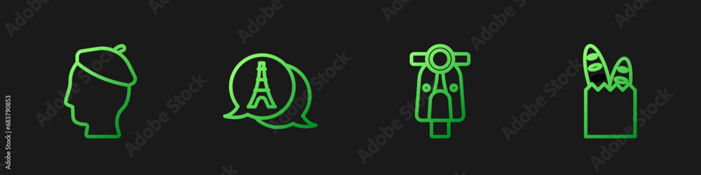Set line Scooter, French man, Eiffel tower and baguette bread. Gradient color icons. Vector Set line Scooter, French man, Eiffel tower and baguette bread. Gradient color icons. Vector