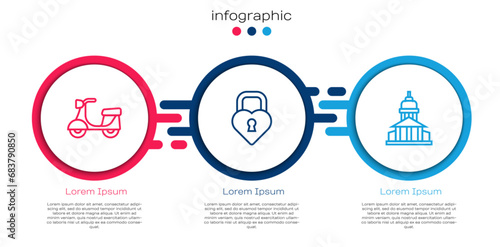 Set line Scooter, Castle in the shape of heart and Museum building. Business infographic template. Vector