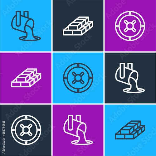 Set line Molten gold being poured, Safe and Stacks paper money cash icon. Vector