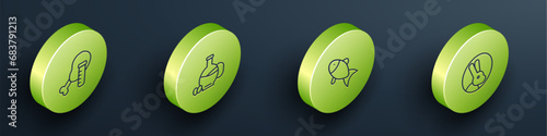 Set Isometric line Genetically modified chicken, Bottle of olive oil, Fish and Rabbit icon. Vector