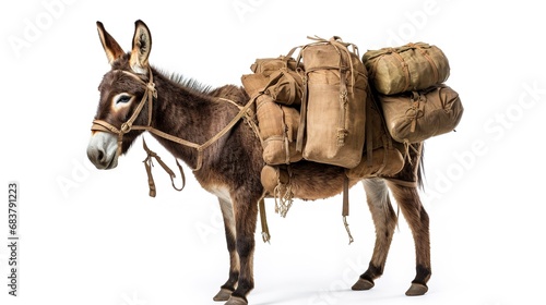 Pack mule isolated on a white background, hardworking and sturdy animal, traditionally used for carrying heavy loads over long distances photo