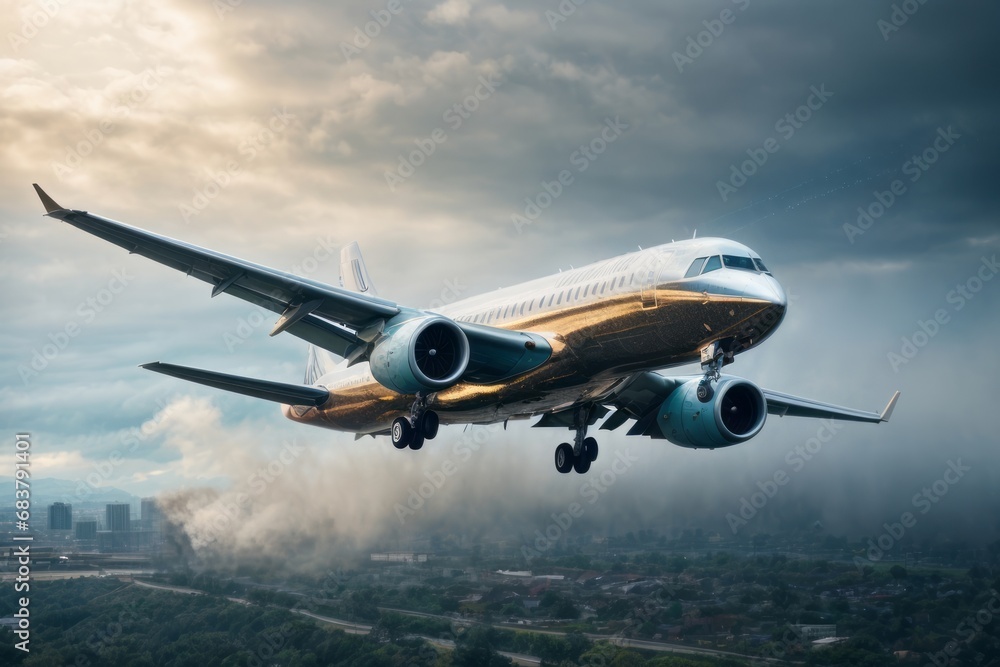 A large airplane flies over the city against the background of the sky with clouds.