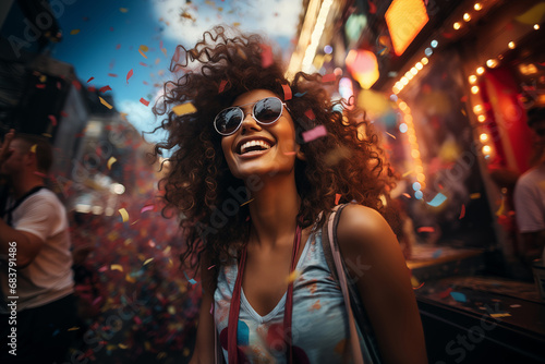 A joyful woman with curly hair and sunglasses smiles amidst falling confetti