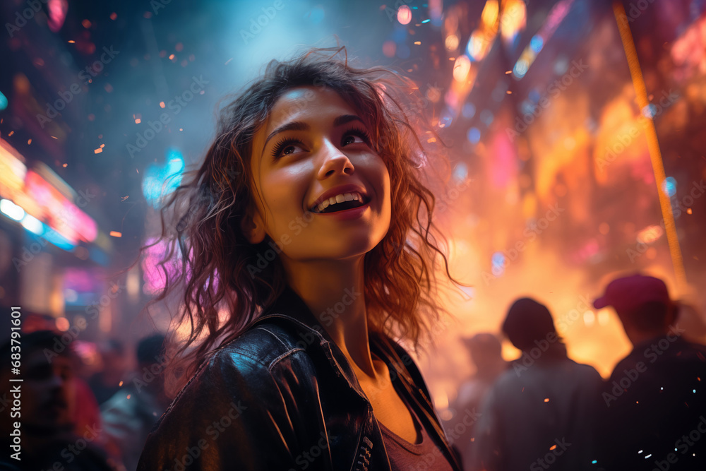 A smiling woman looks up with wonder in new year party A smiling woman looks up with wonder in new year party