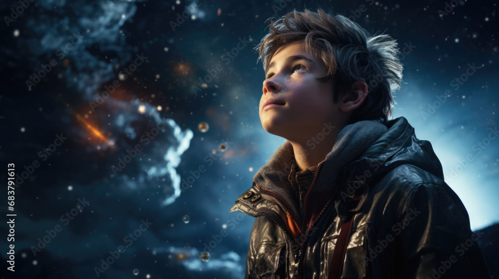 Wonder High-key lit image of a dreaming teenager staring up at the stars, wearing cosmic explorer jacket, encompassed by the vastness of space Wonder High-key lit image of a dreaming teenager staring up at the stars, wearing cosmic explorer jacket, encompassed by the vastness of space