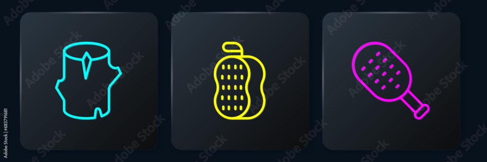 Set line Wooden log, Sauna brush and Washcloth. Black square button. Vector