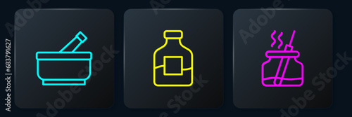 Set line Mortar and pestle, Aroma diffuser and Bottle of vodka. Black square button. Vector
