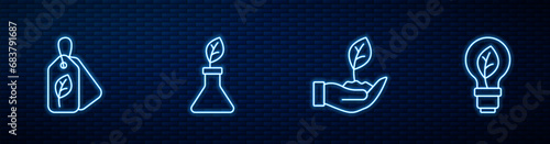 Set line Plant in hand, Tag with leaf, breeding and Light bulb. Glowing neon icon on brick wall. Vector