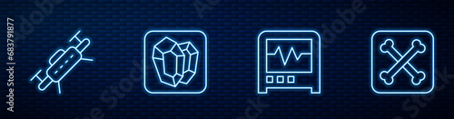 Set line Seismograph, Drone, Gem stone and Archeology. Glowing neon icon on brick wall. Vector
