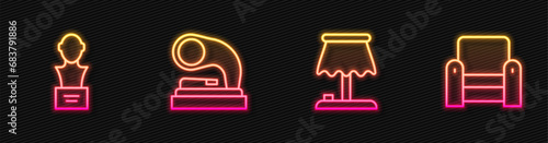 Set line Table lamp, Gypsum head sculpture bust, Old gramophone and Armchair. Glowing neon icon. Vector