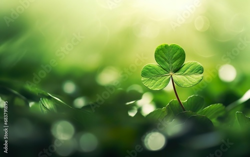 St Patricks Day Background. Big three leaf clover close up, luck winning ticket. Green grass, blur, bokeh, de focus, morning light. Fresh plant growing in the meadow. Poster template. AI Generative.