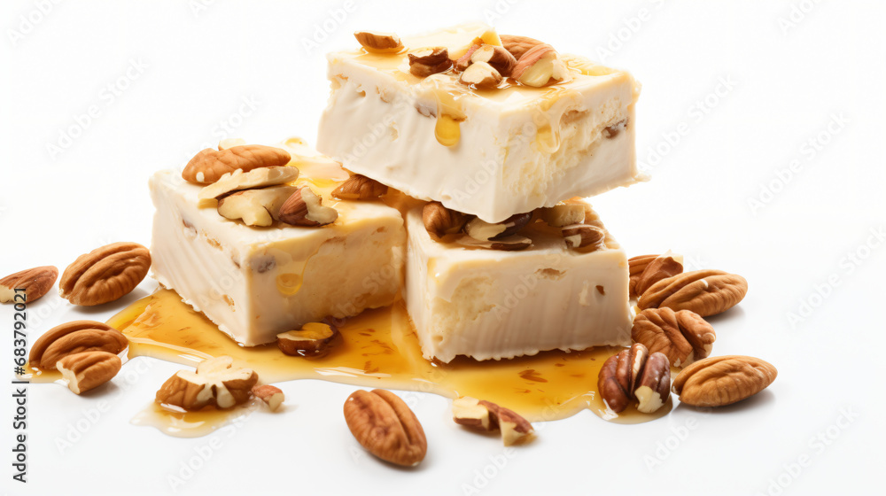 Sweet nougat with nuts and honey on white background