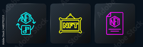 Set line NFT Digital crypto art, contract and . Black square button. Vector