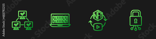 Set line NFT Digital crypto art, blockchain technology, Binary code and Cyber security. Gradient color icons. Vector