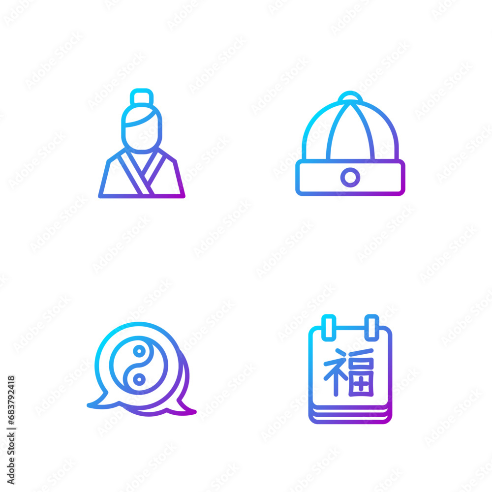 Set line Chinese New Year, Yin Yang symbol, Asian woman and hat. Gradient color icons. Vector Set line Chinese New Year, Yin Yang symbol, Asian woman and hat. Gradient color icons. Vector